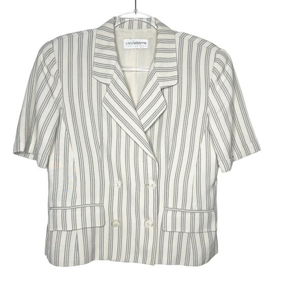 LIZ CLAIBORNE Striped Short Sleeve Blazer Double Breasted Beige Black Size 8 - Picture 1 of 9